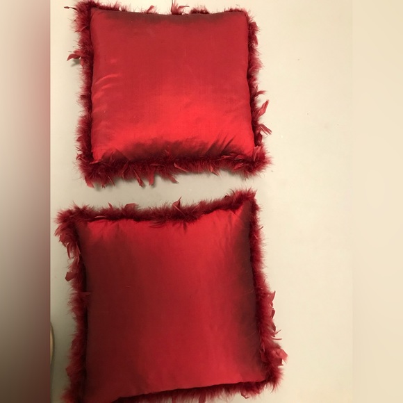 Two Red Silk Feather Trimmed Pillows filled with Feather - Picture 4 of 4
